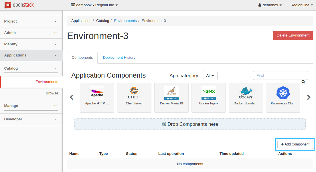 Environment Components page: Add component