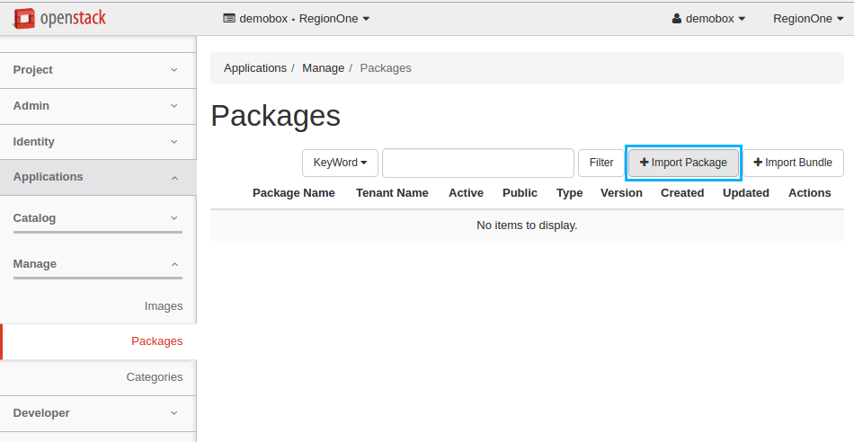 Packages page: Import Package 1