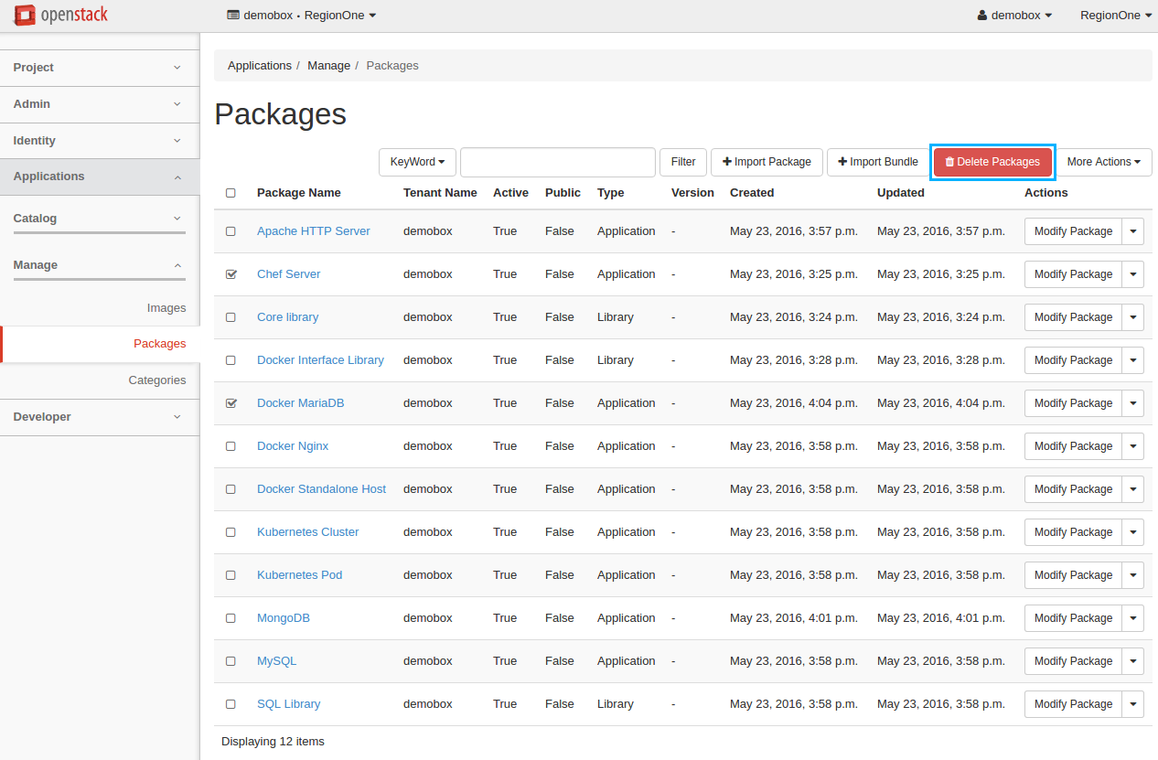 Packages page: Select packages